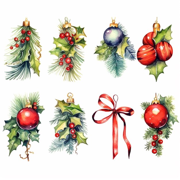 a close up of a bunch of christmas decorations on a white background generative ai