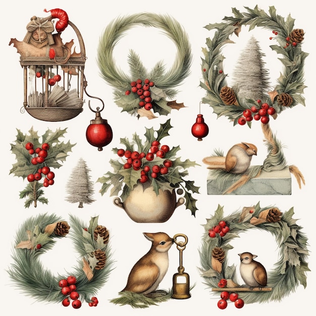 A close up of a bunch of christmas decorations with birds generative ai
