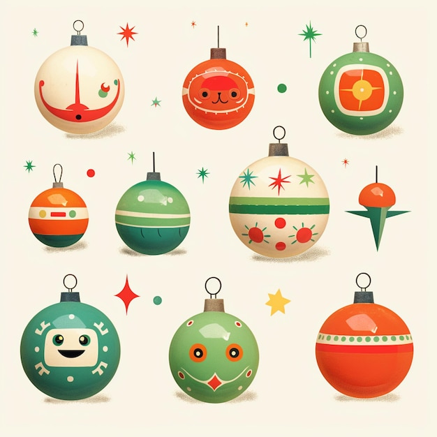 Photo a close up of a bunch of christmas ornaments with faces generative ai