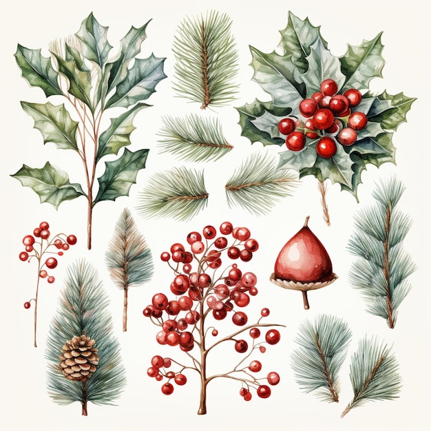 a close up of a bunch of christmas plants and berries generative ai