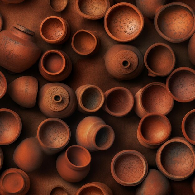 A close up of a bunch of clay pots on a table generative ai