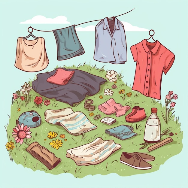 a close up of a bunch of clothes hanging on a clothes line generative ai