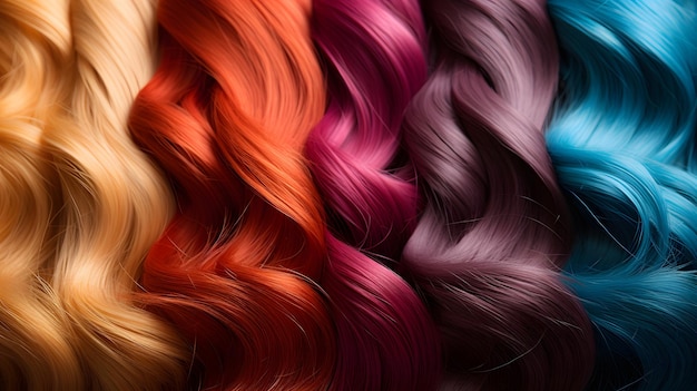 a close up of a bunch of colored hair with different colors Generative AI