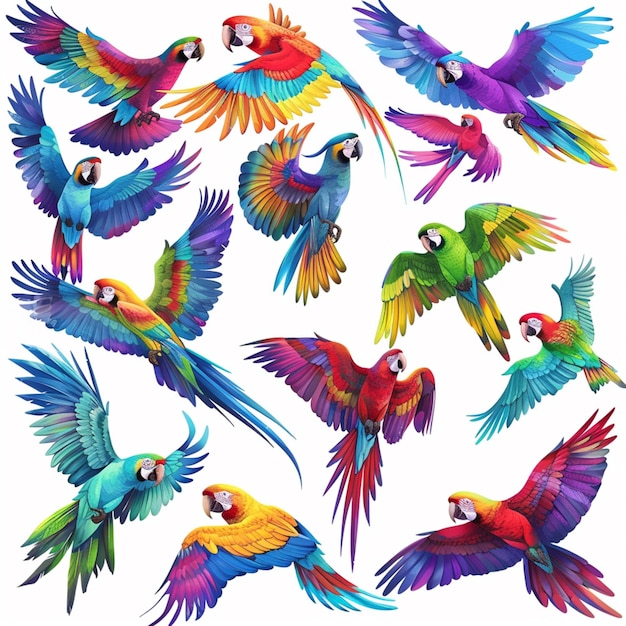 a close up of a bunch of colorful birds flying in the air generative ai