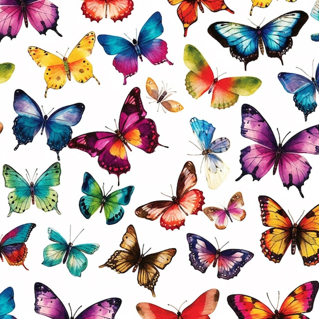 A close up of a bunch of colorful butterflies on a white background generative ai