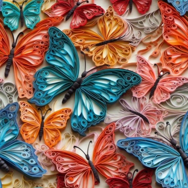 A close up of a bunch of colorful butterflies on a white surface generative ai