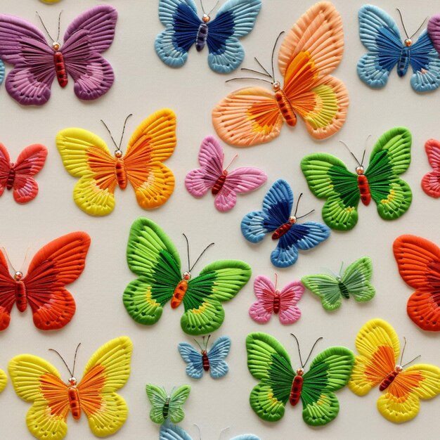 Foto un primo piano di un gruppo di farfalle colorate su una superficie bianca generativa ai