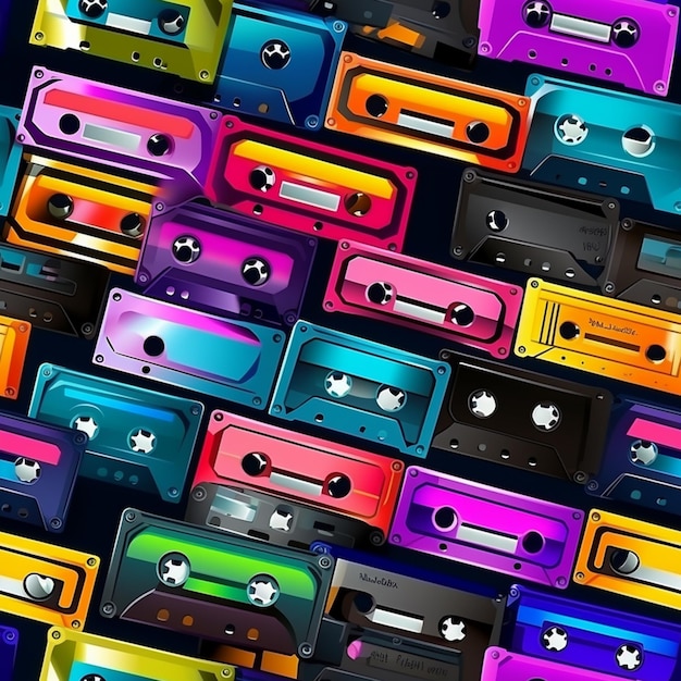 A close up of a bunch of colorful cassettes on a black background generative ai