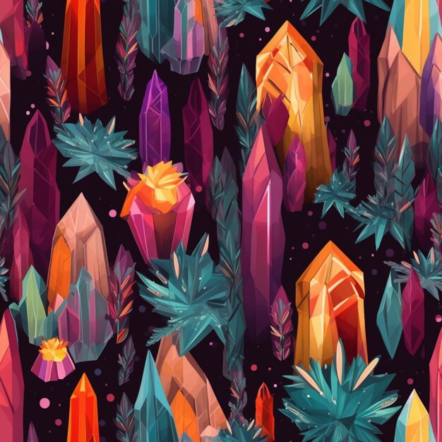 A close up of a bunch of colorful crystals on a black background generative ai