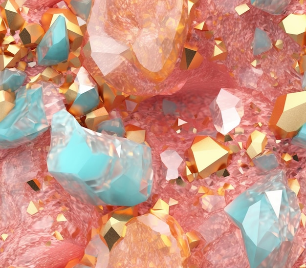 A close up of a bunch of colorful crystals on a pink surface generative ai