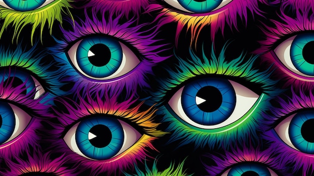 A close up of a bunch of colorful eyes with a black background generative ai