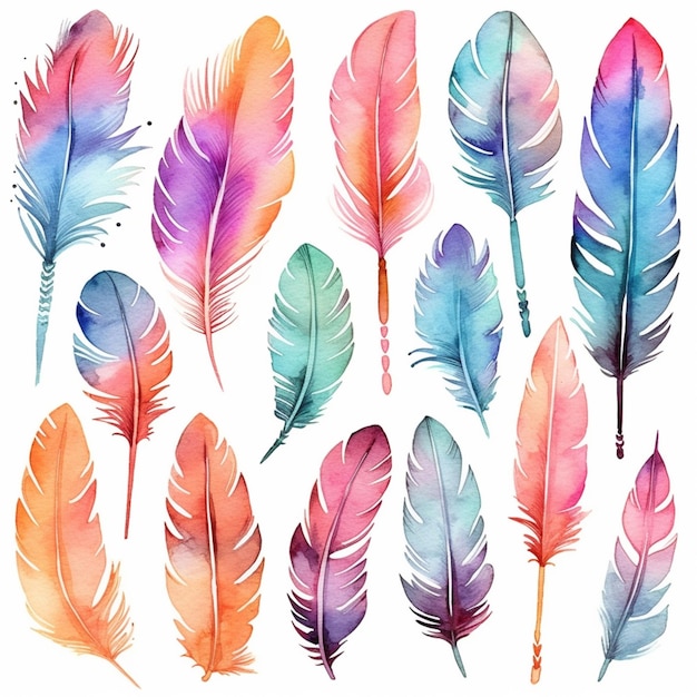 a close up of a bunch of colorful feathers on a white background generative ai