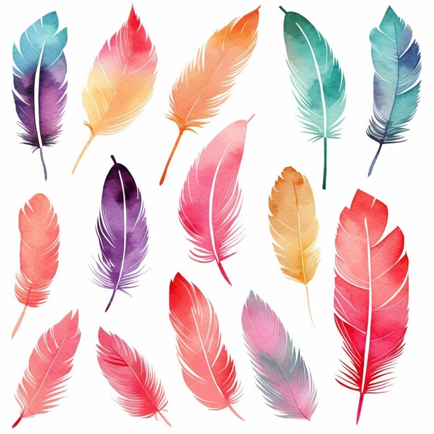 A close up of a bunch of colorful feathers on a white background generative ai