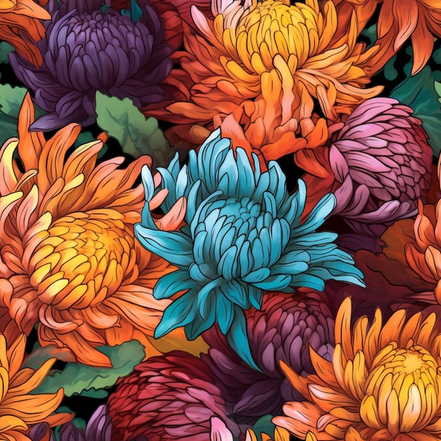 A close up of a bunch of colorful flowers on a black background generative ai