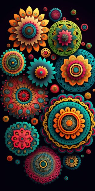 A close up of a bunch of colorful flowers on a black background generative ai