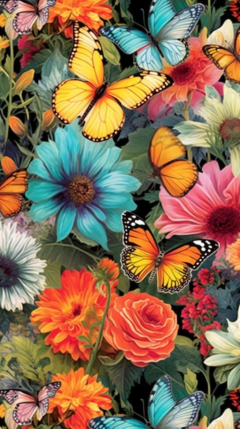 A 나비 생성 ai와 다채로운 꽃의 무리의 클로즈업
