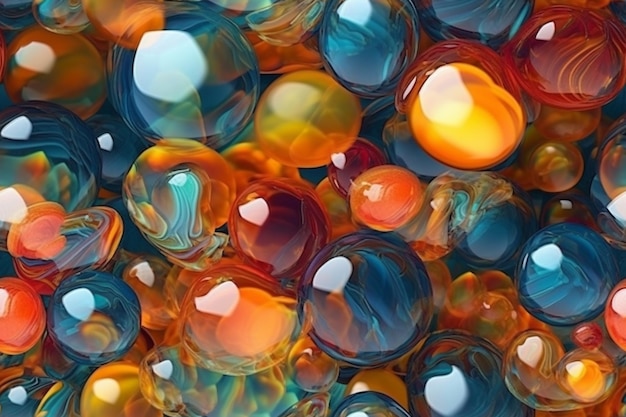 Близкий взгляд на кучу красочных стеклянных шаров