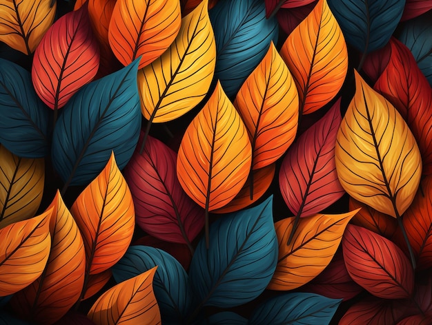 a close up of a bunch of colorful leaves on a black background generative ai