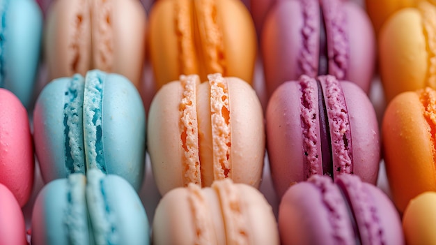 A close up of a bunch of colorful macarons