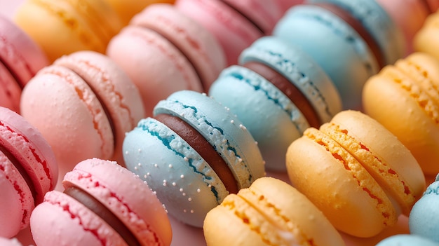 A close up of a bunch of colorful macarons