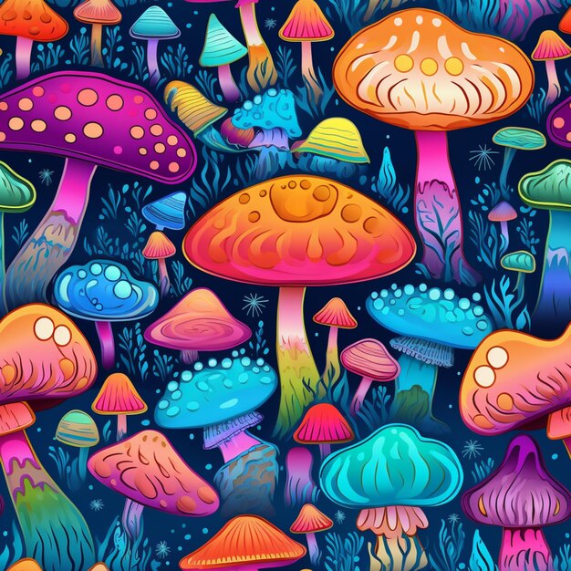 A close up of a bunch of colorful mushrooms on a dark background generative ai