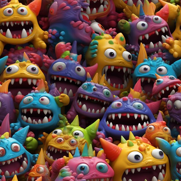 Photo a close up of a bunch of colorful plastic monsters with big eyes generative ai