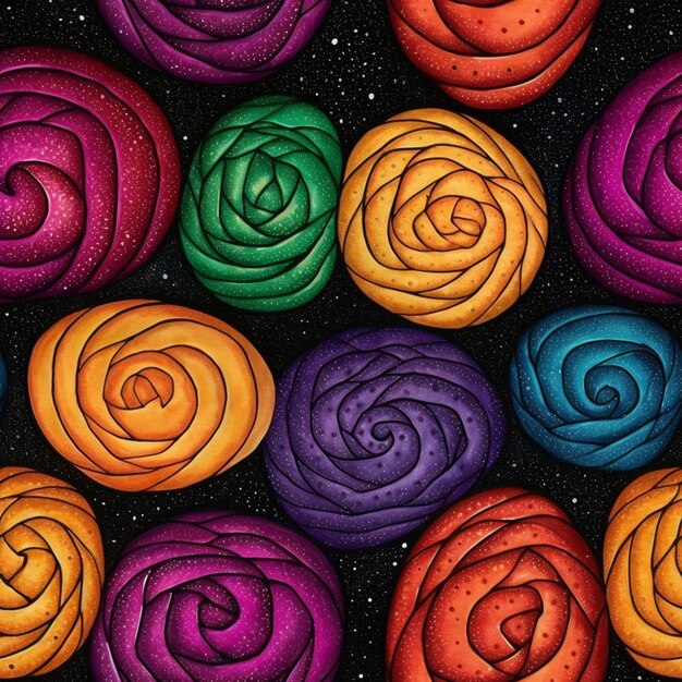 A close up of a bunch of colorful roses on a black background generative ai