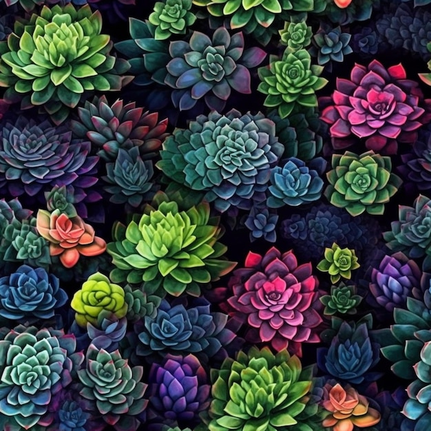 A close up of a bunch of colorful succulents on a black background generative ai