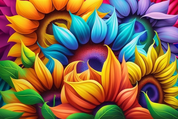 A close up of a bunch of colorful sunflowers with leaves generative ai