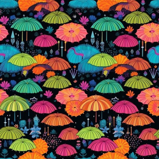 A close up of a bunch of colorful umbrellas on a black background generative ai