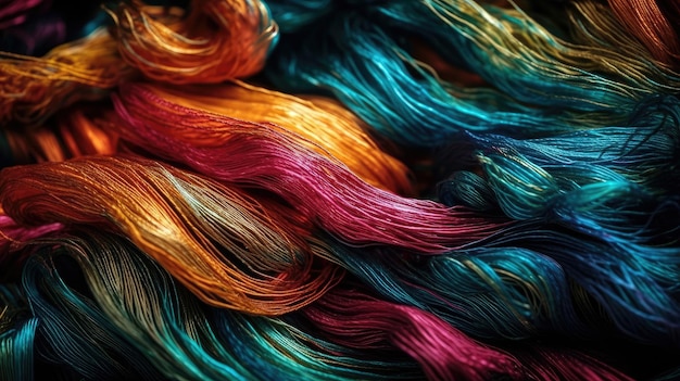 A close up of a bunch of colorful yarns