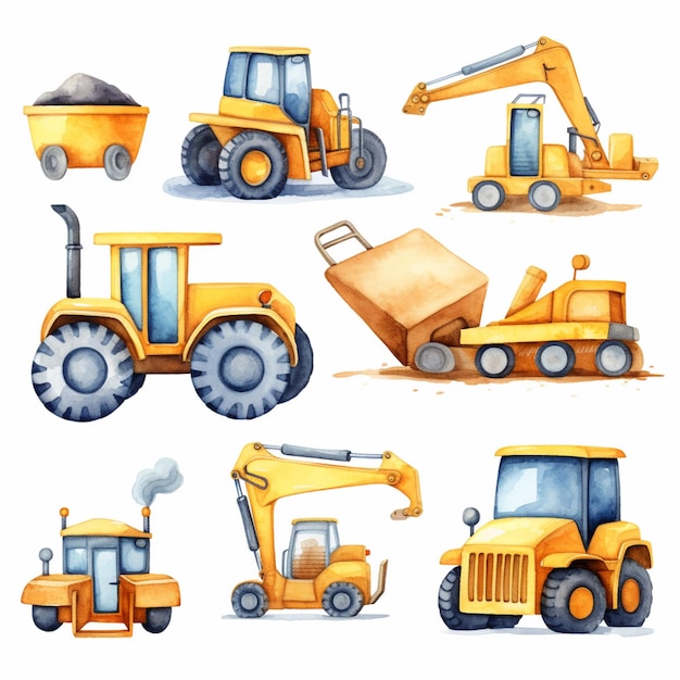 a close up of a bunch of construction vehicles on a white background generative ai