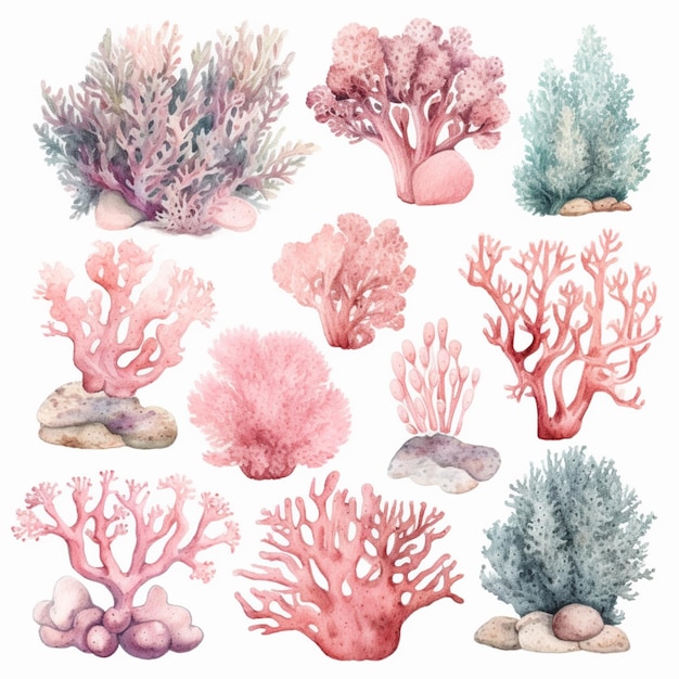 a close up of a bunch of corals on a white background generative ai