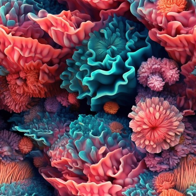 A close up of a bunch of corals with a blue center generative ai