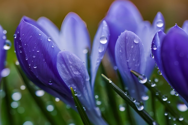 A close up of a bunch of crocus flowers with the raindrops on the top.