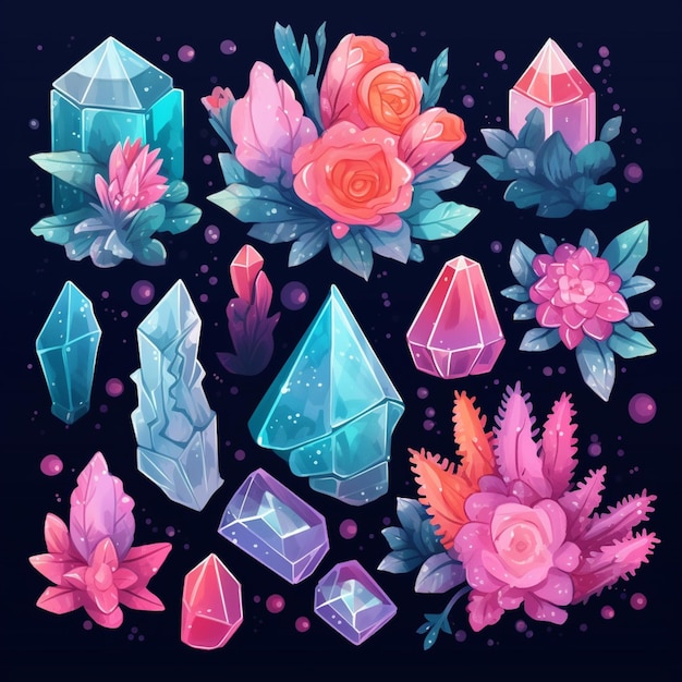 Близкий взгляд на кучу кристаллов и цветов
