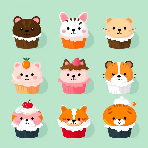 Photo a close up of a bunch of cupcakes with different animals on them generative ai