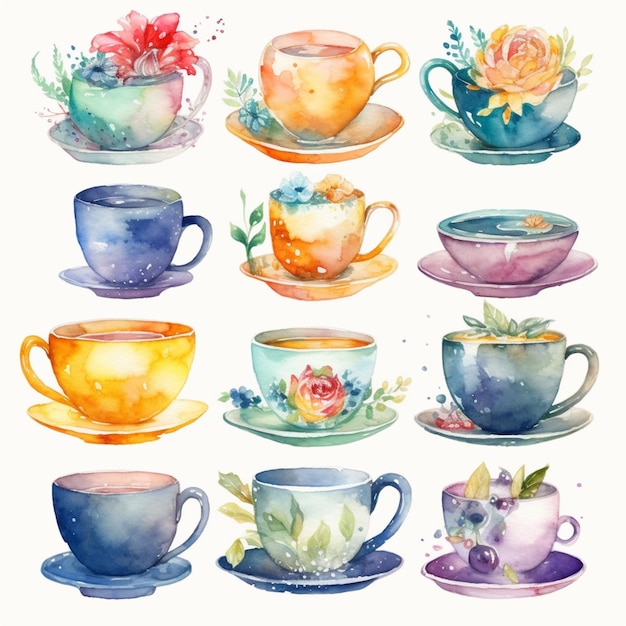 Photo a close up of a bunch of cups and saucers with flowers generative ai