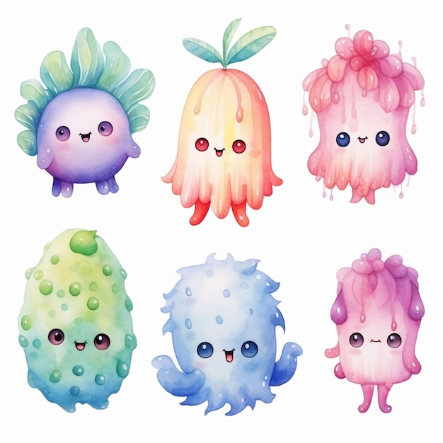 a close up of a bunch of cute little jellys with eyes generative ai