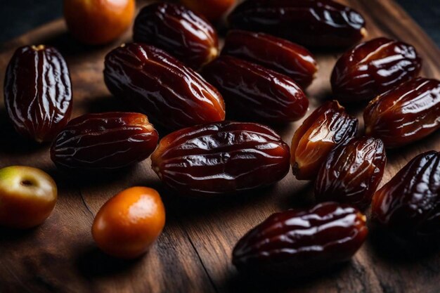 a close up of a bunch of dates on a wooden table