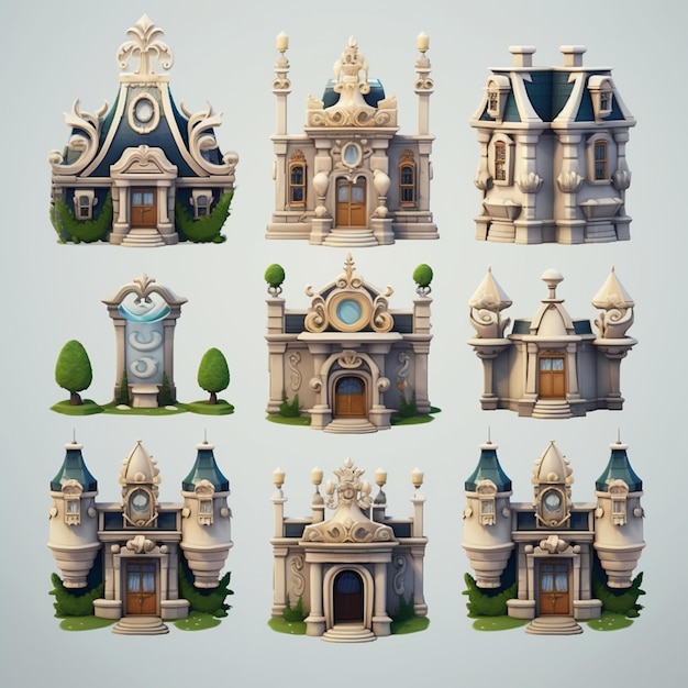 a close up of a bunch of different buildings with a clock generative ai