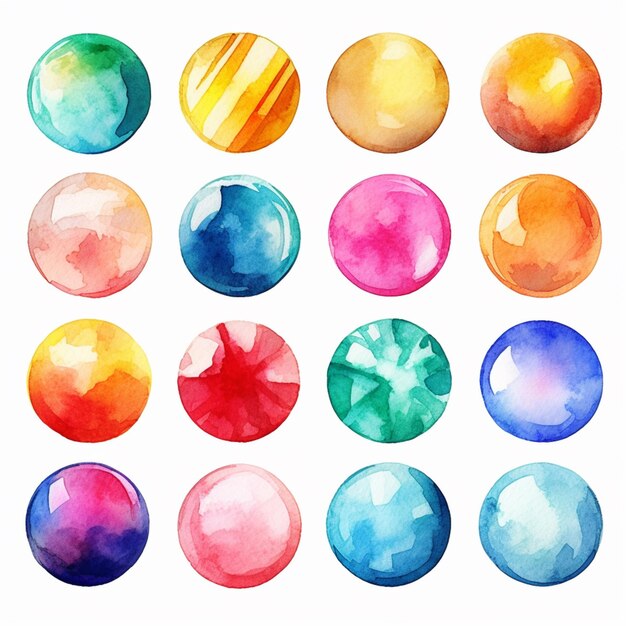 A close up of a bunch of different colored balls on a white surface generative ai