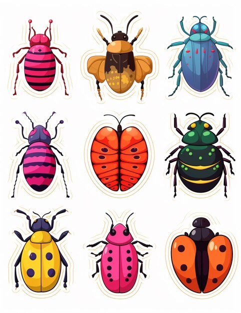 a close up of a bunch of different colored bugs on a white background generative ai