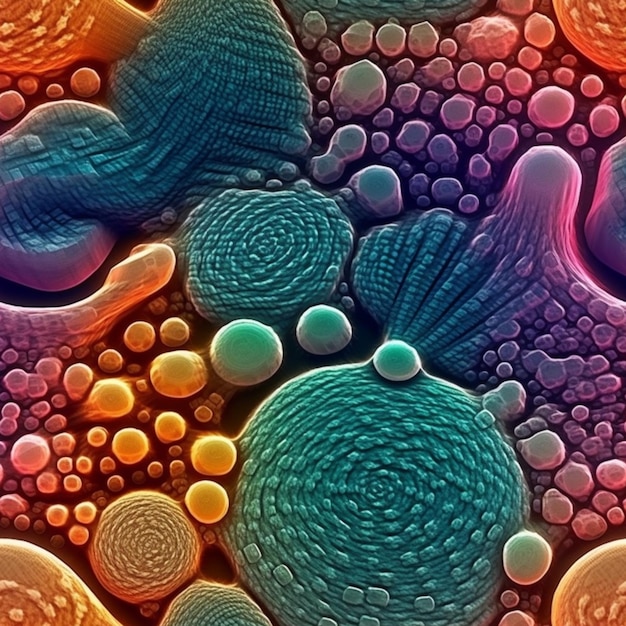 서로 다른 색의 세포들의 클로즈업 (close up) 이 생성적 (generative) 이다.