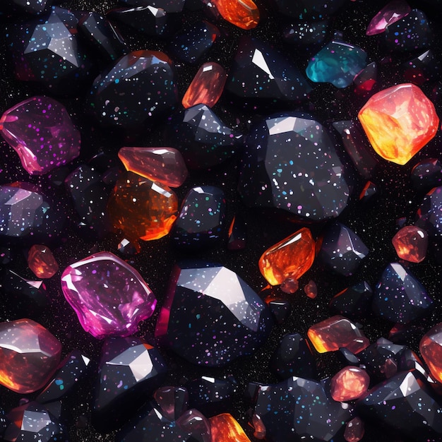 A close up of a bunch of different colored crystals on a black surface generative ai