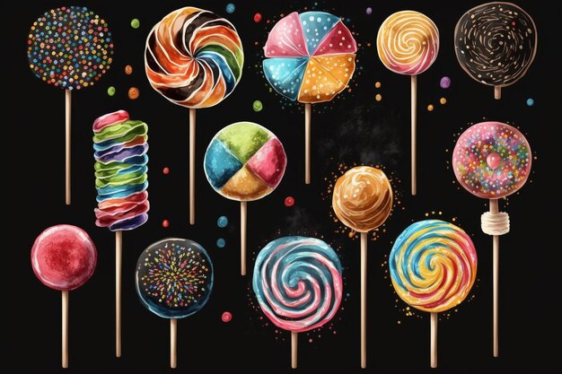 A close up of a bunch of different colored lollipops on sticks generative ai