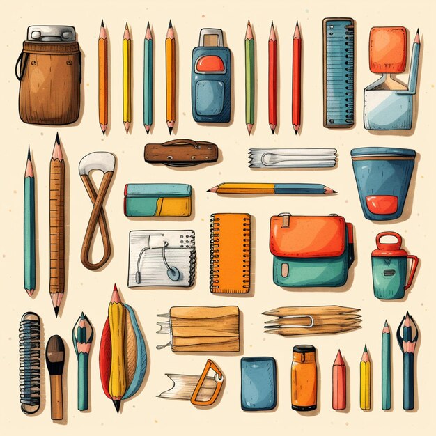 A close up of a bunch of different colored pencils and other items generative ai