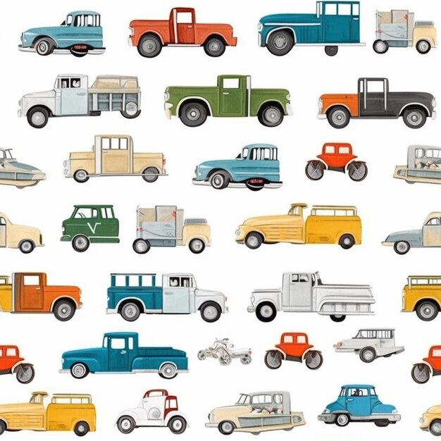 Photo a close up of a bunch of different colored trucks on a white background generative ai