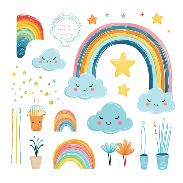 Photo a close up of a bunch of different items with clouds and rainbows generative ai