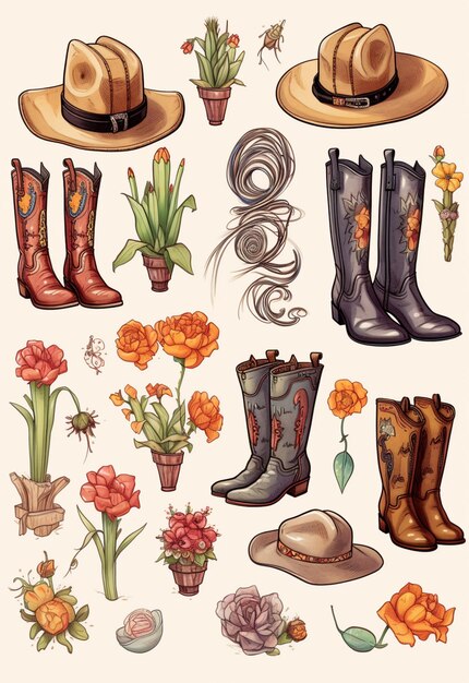 Photo a close up of a bunch of different items with hats and flowers generative ai